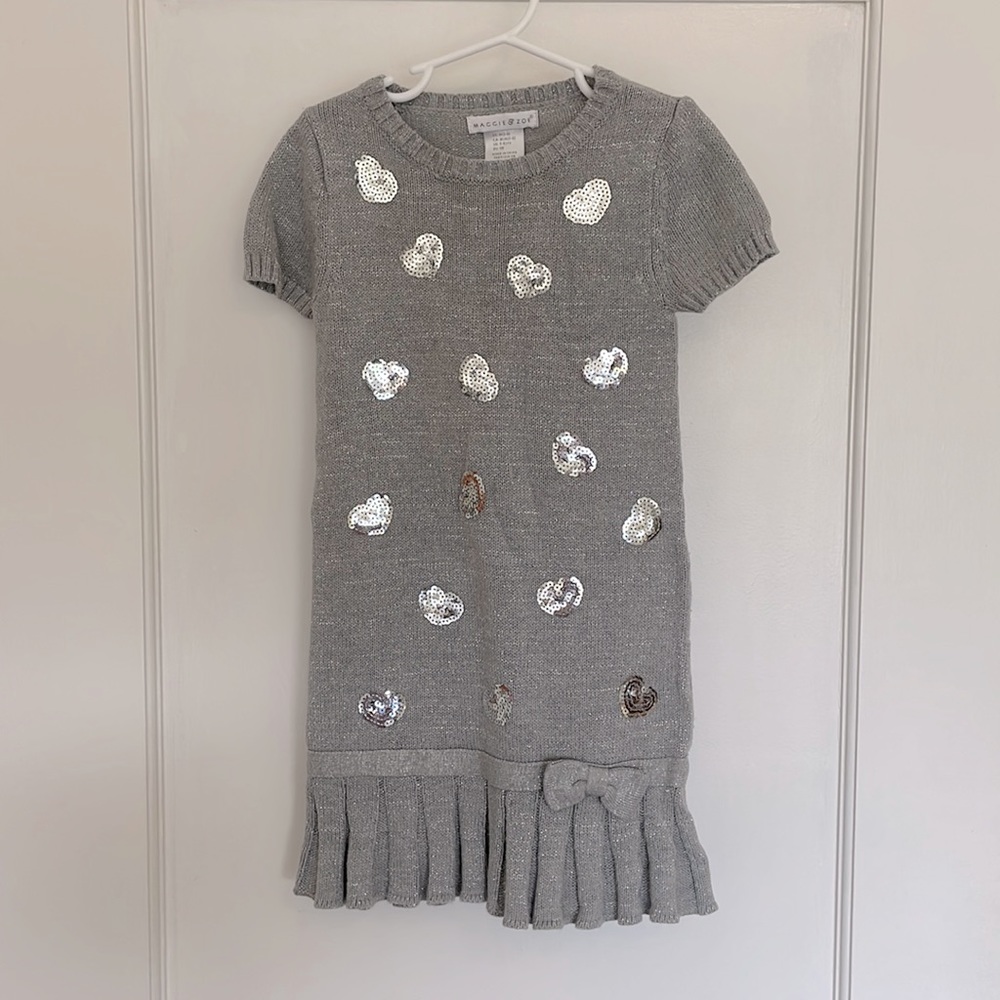 Silver sweater dress with sequin hearts